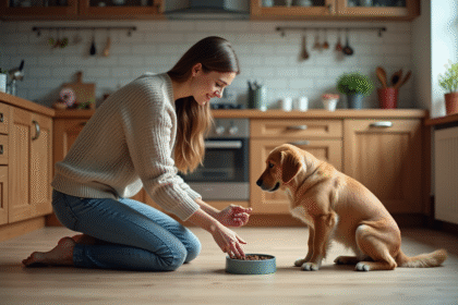 Femme agenouillée avec son chien golden retriever dans la cuisine
