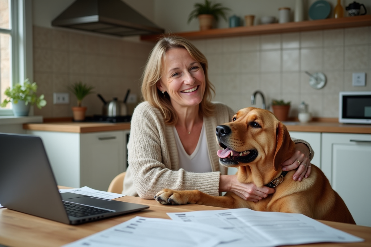 Femme française caressant son labrador dans la cuisine