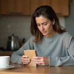 Femme lisant attentivement la notice d'un médicament contraceptif pour chat sans ordonnance dans une cuisine
