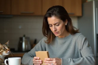Femme lisant attentivement la notice d'un médicament contraceptif pour chat sans ordonnance dans une cuisine