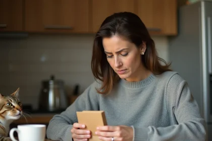 Femme lisant attentivement la notice d'un médicament contraceptif pour chat sans ordonnance dans une cuisine