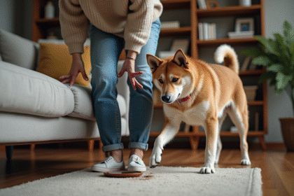 Femme nettoyant son chien dans un salon moderne