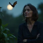 Femme méditative dans un jardin nocturne avec une chauve-souris