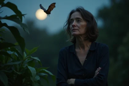 Femme méditative dans un jardin nocturne avec une chauve-souris