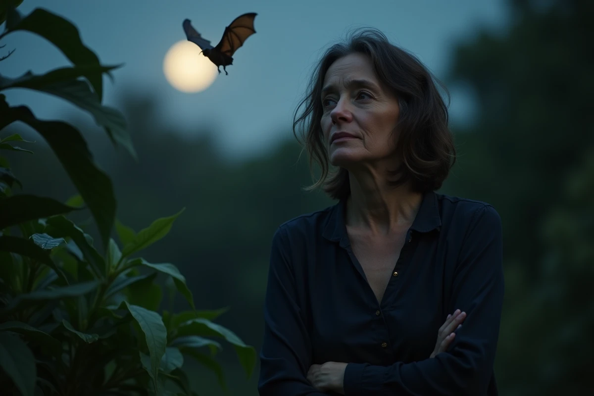 Femme méditative dans un jardin nocturne avec une chauve-souris