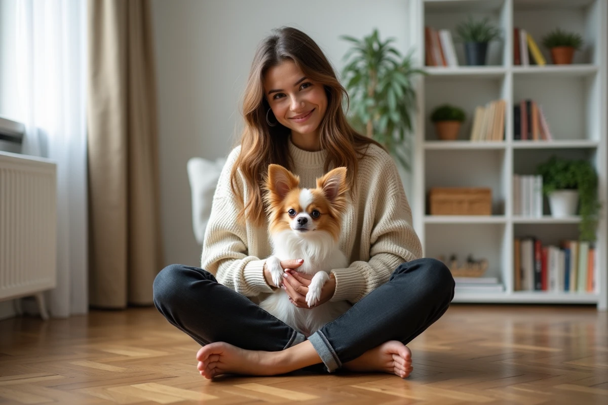 Jeune femme assise sur un parquet en appartement tenant un chien Papillon Chihuahua sur ses genoux, scène de vie quotidienne avec animal de compagnie