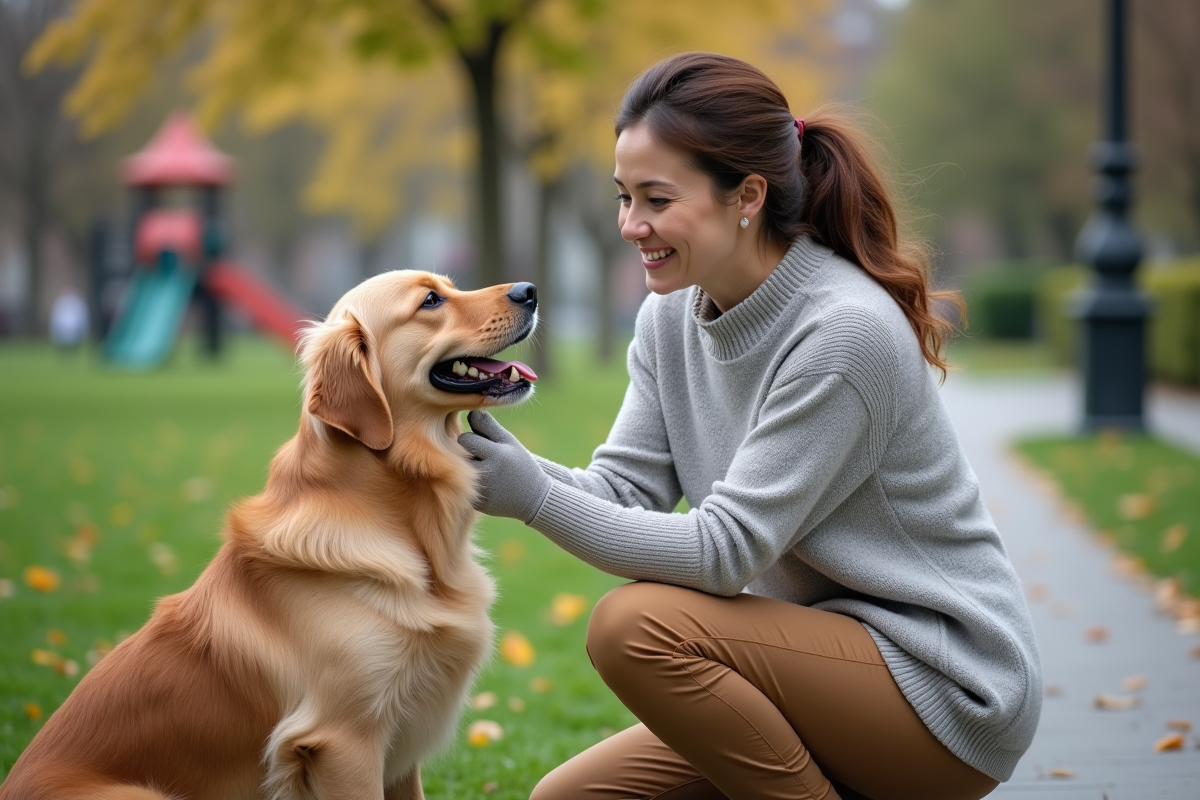 Femme dans un parc urbain saluant un chien golden retriever