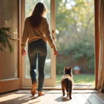 Femme tenant la porte pour un chaton dans un salon cosy