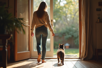 Femme tenant la porte pour un chaton dans un salon cosy