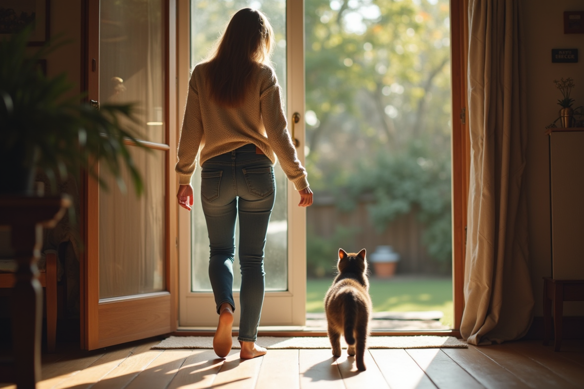 Femme tenant la porte pour un chaton dans un salon cosy