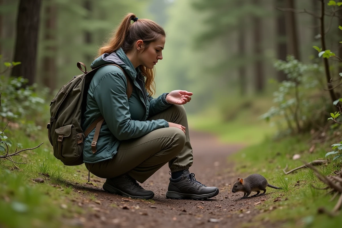 Femme en randonnée observe un écureuil dans la forêt