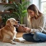Femme donnant une tablette à son chien golden retriever dans un salon