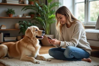 Femme donnant une tablette à son chien golden retriever dans un salon
