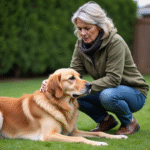Femme aux vêtements décontractés avec un retriever anxieux