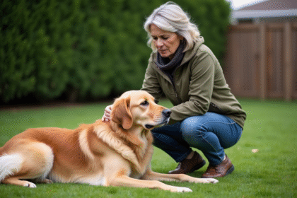 Femme aux vêtements décontractés avec un retriever anxieux