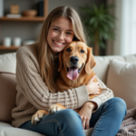 Jeune femme avec chien retriever dans un salon cosy