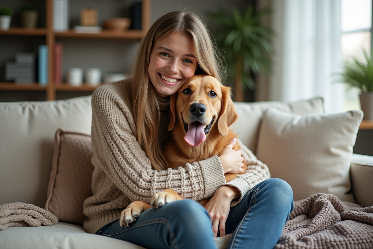 Jeune femme avec chien retriever dans un salon cosy