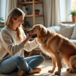 Femme souriante avec son retriever dans un salon chaleureux