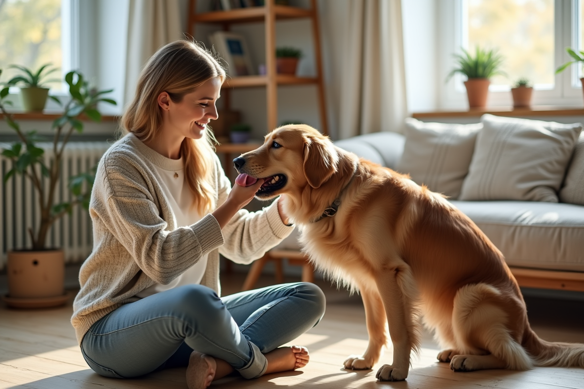 Femme souriante avec son retriever dans un salon chaleureux