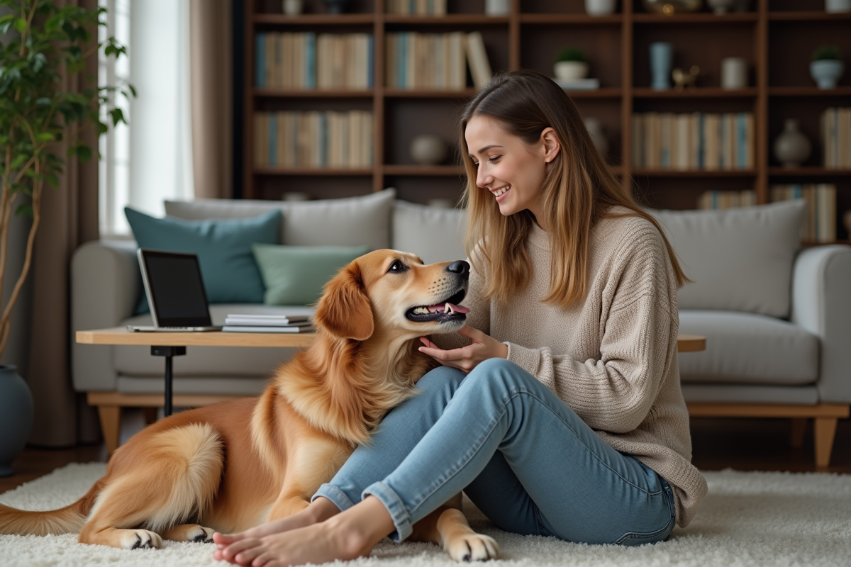 Jeune femme caressant son retriever dans son salon