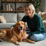 Femme caressant un golden retriever dans un salon chaleureux