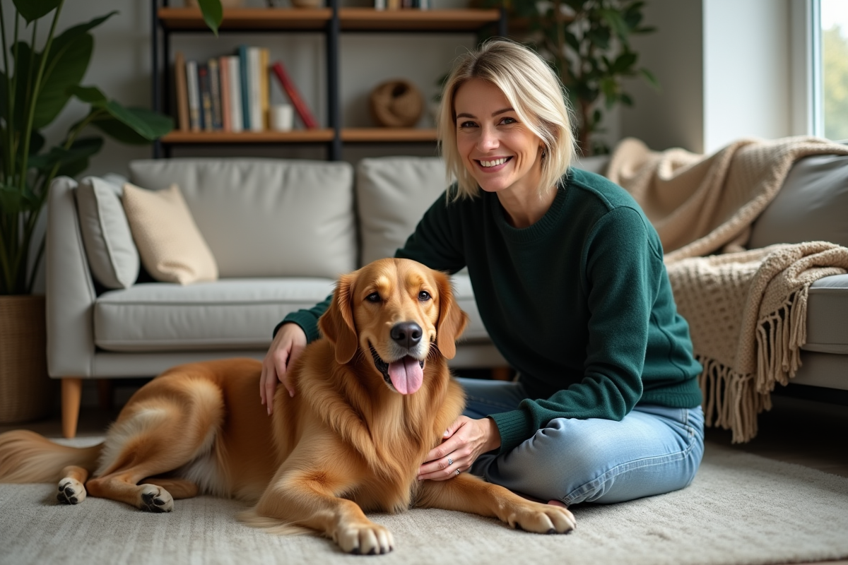 Femme caressant un golden retriever dans un salon chaleureux