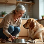 Femme souriante avec retriever en cuisine chaleureuse