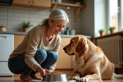 Femme souriante avec retriever en cuisine chaleureuse