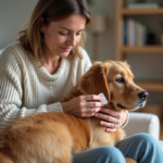 Femme caressant un retriever en intérieur chaleureux