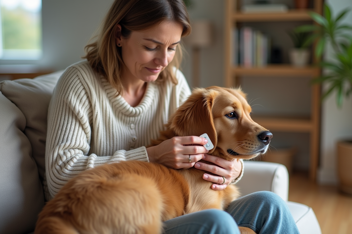 Femme caressant un retriever en intérieur chaleureux