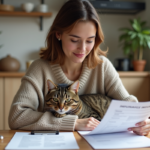 Femme relisant des papiers d'assurance avec un chat sur ses genoux