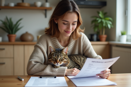 Femme relisant des papiers d'assurance avec un chat sur ses genoux