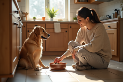 Femme en pull doux donnant à son chien une nourriture saine dans la cuisine