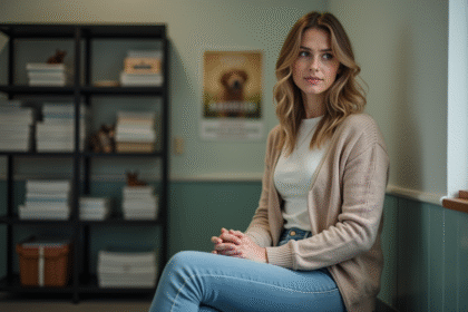 Femme pensif dans un refuge animalier