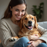 Femme souriante avec chien golden retriever dans un salon