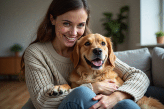 Femme souriante avec chien golden retriever dans un salon