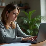 Femme inquiète regardant un site de chat sur son ordinateur portable, représentant les risques d'arnaque en ligne sur des plateformes comme Aplouf.com