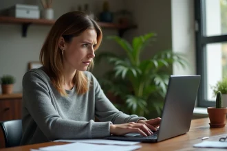 Femme inquiète regardant un site de chat sur son ordinateur portable, représentant les risques d'arnaque en ligne sur des plateformes comme Aplouf.com