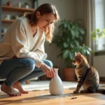 Femme inquiète pointant un vase cassé sur le sol