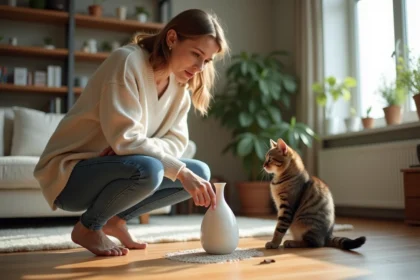 Femme inquiète pointant un vase cassé sur le sol