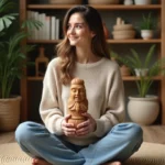 Femme assise avec un totem en bois dans un intérieur apaisant