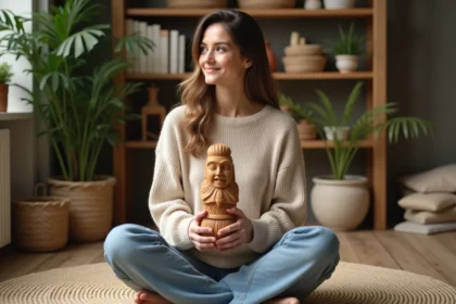 Femme assise avec un totem en bois dans un intérieur apaisant