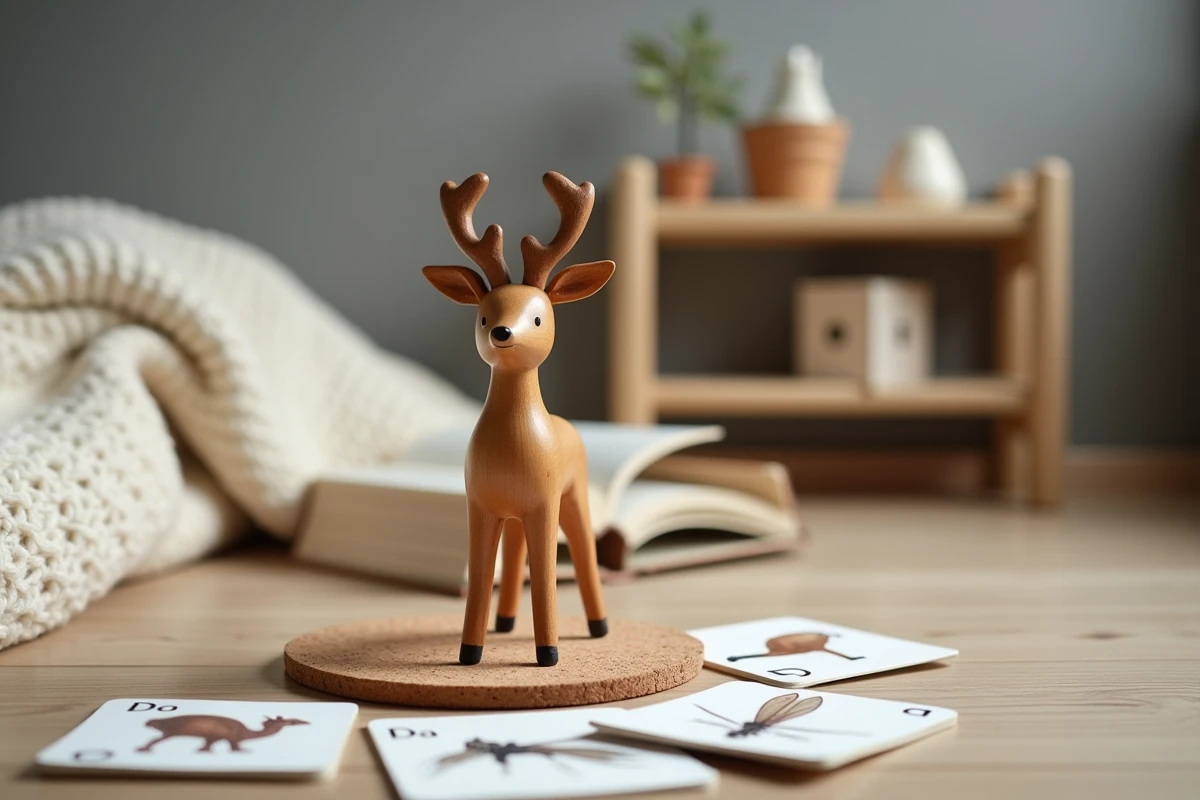 Figurine de cerf en bois pour activité Montessori sur les animaux commençant par D