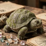 Figurine de tortue en pierre ancienne entourée de cristaux et de manuscrits ésotériques sur une table en bois usé