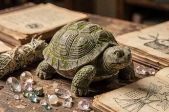 Figurine de tortue en pierre ancienne entourée de cristaux et de manuscrits ésotériques sur une table en bois usé