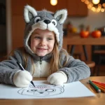 Jeune fille en costume de loup coloriant un dessin