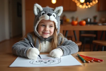 Jeune fille en costume de loup coloriant un dessin