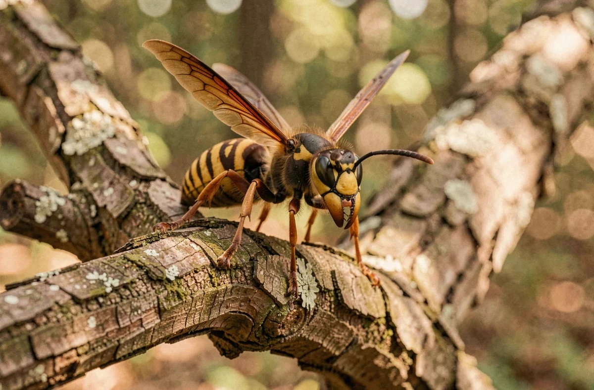 Frelon européen posé sur une branche d'arbre en forêt, vue détaillée des rayures et de la morphologie