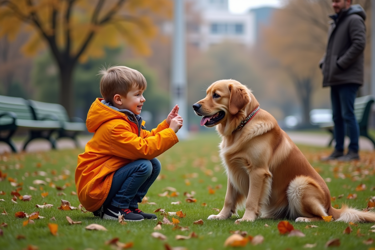 Garçon avec chien dans un parc urbain automne