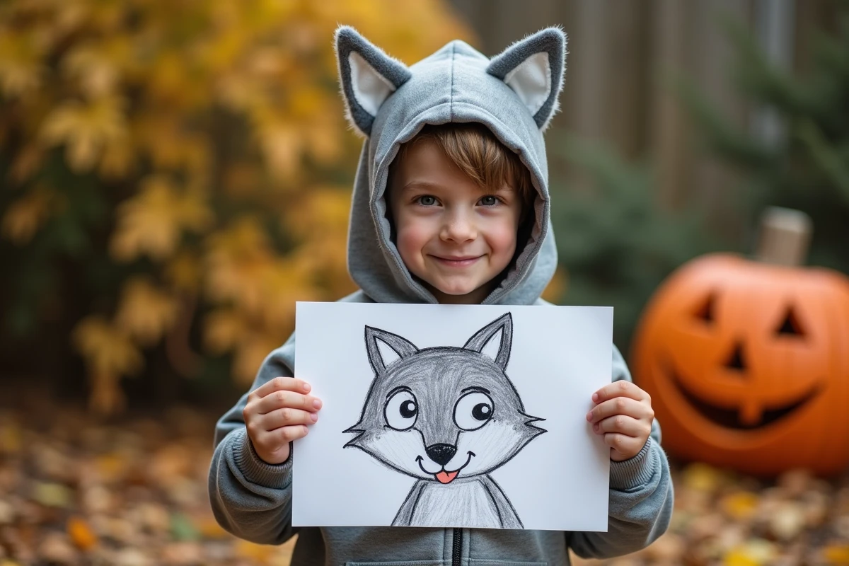 Garçon avec masque de loup et dessin dans le jardin